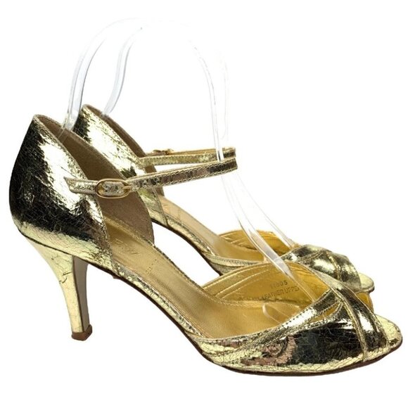 J crew heels size 6 gold Italian leather metallic peep toe party formal holiday - Picture 14 of 14